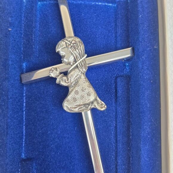 Vintage Silver Cross Praying Girl Wall Hanging Religious 6" Catholic First Commu - Picture 2 of 5